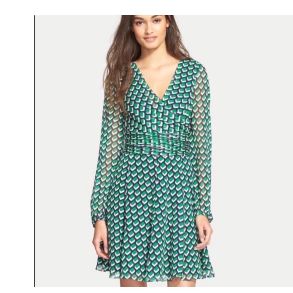 Diane von Furstenberg Ashlynn Dress Size 14 Green Navy Silk Geometric Mini